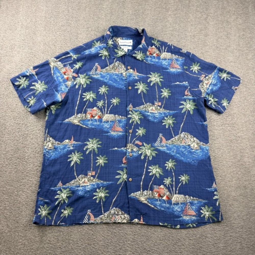 Saddlebred VTG Mens XL Blue Hawaiian Shirt Patriotic Sailboat Palm Tree Rayon SS
